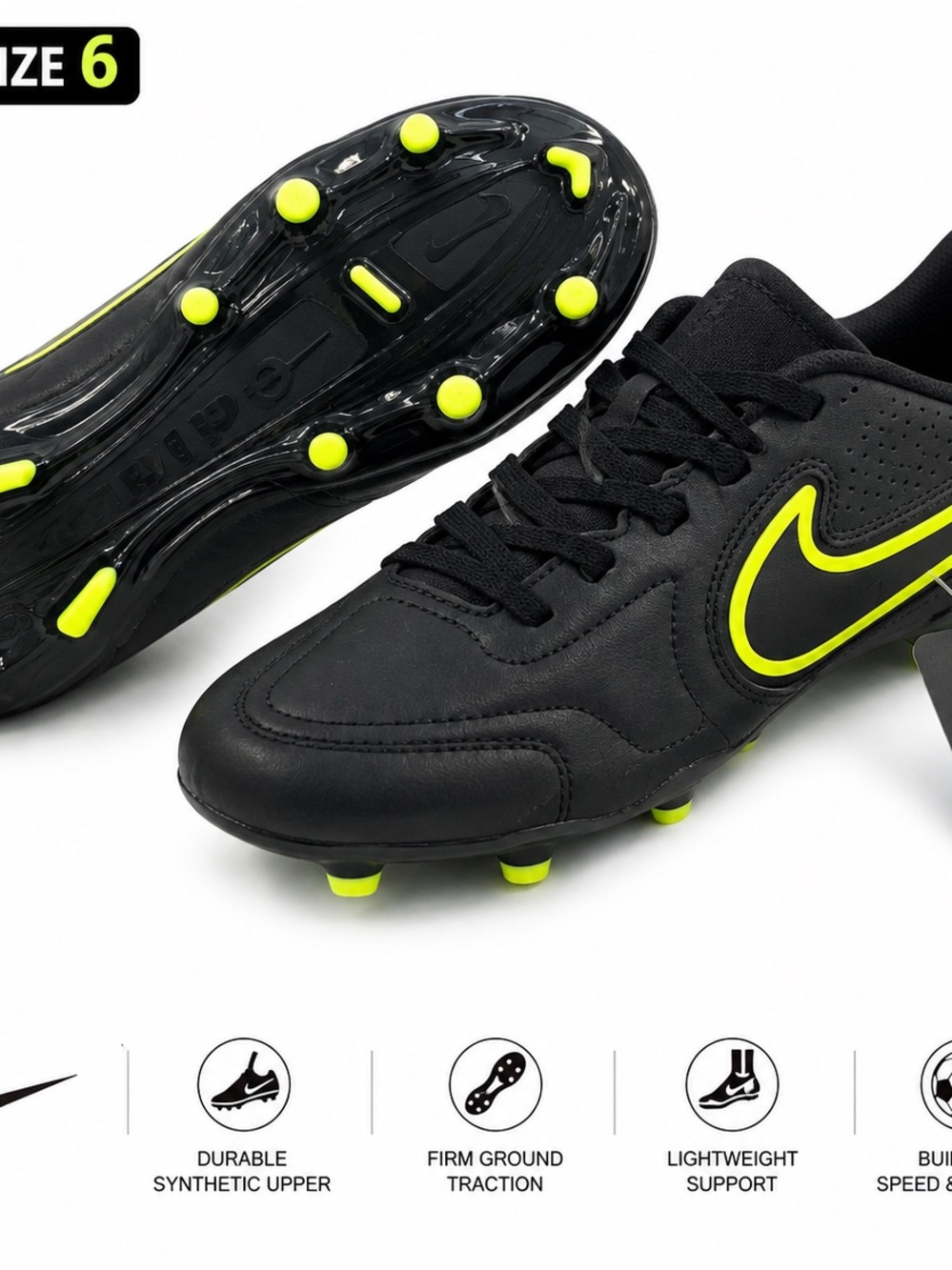 Nike Tiempo Youth Size 6 Black Volt Soccer Cleats
